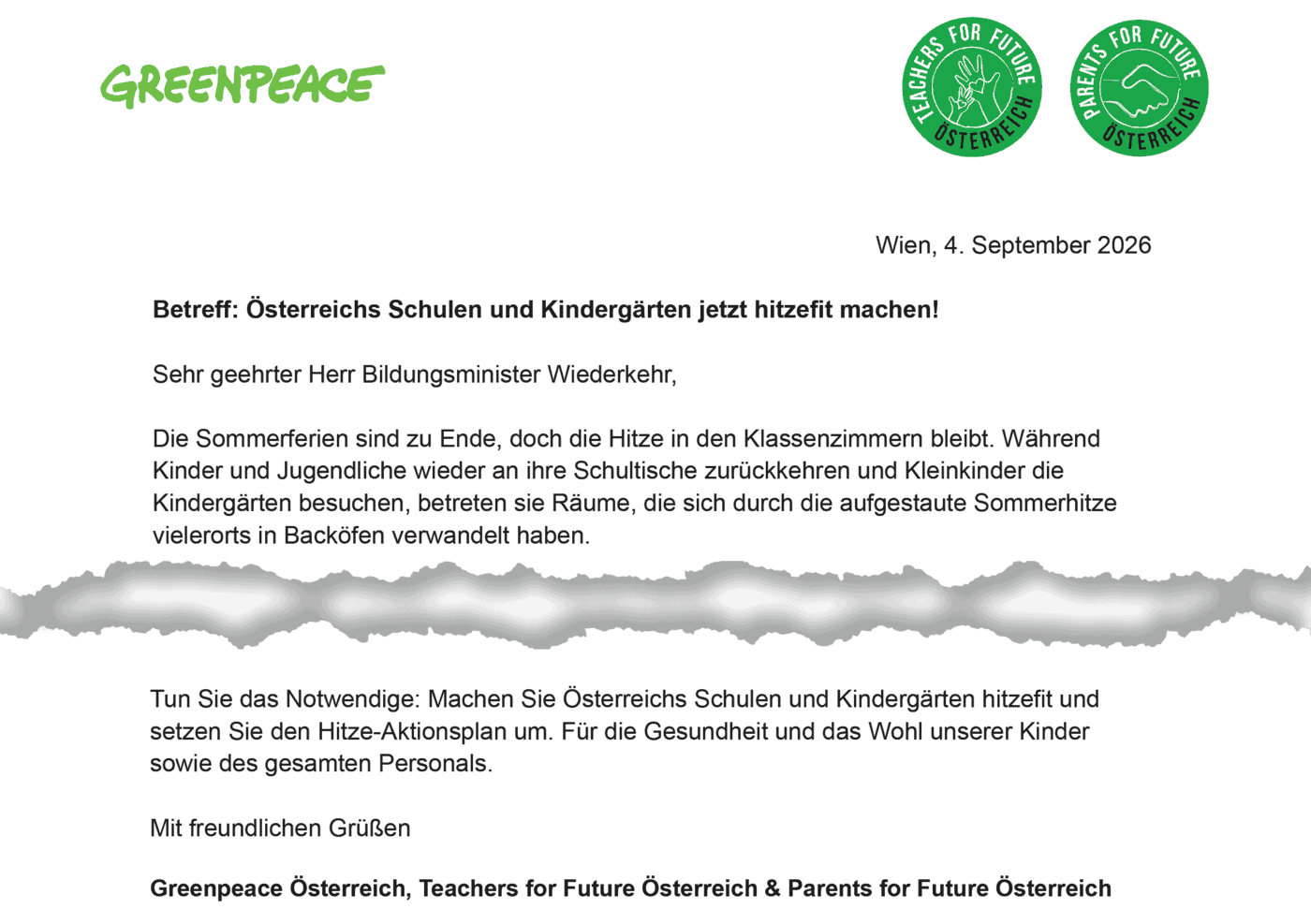 Faksimilie des offenen Briefs von Greenpeace, Teachers For Future und Parents For Future an Bildungsminister Wiederkehr am 4.9.2026